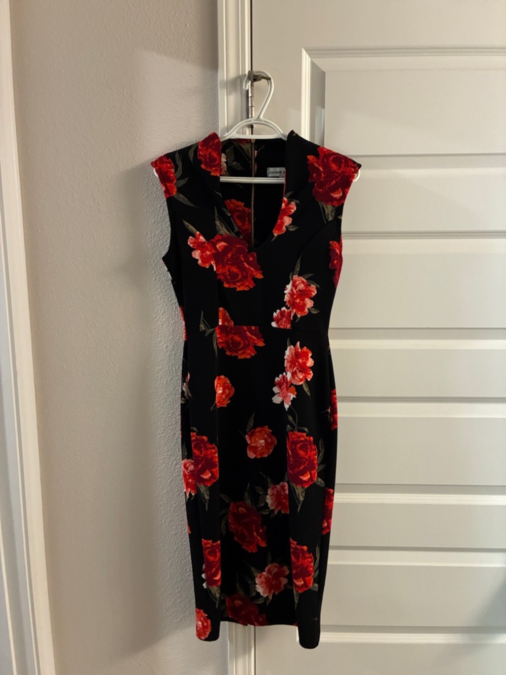 Black Dress with Red Floral Print - Sleeveless V-Neck